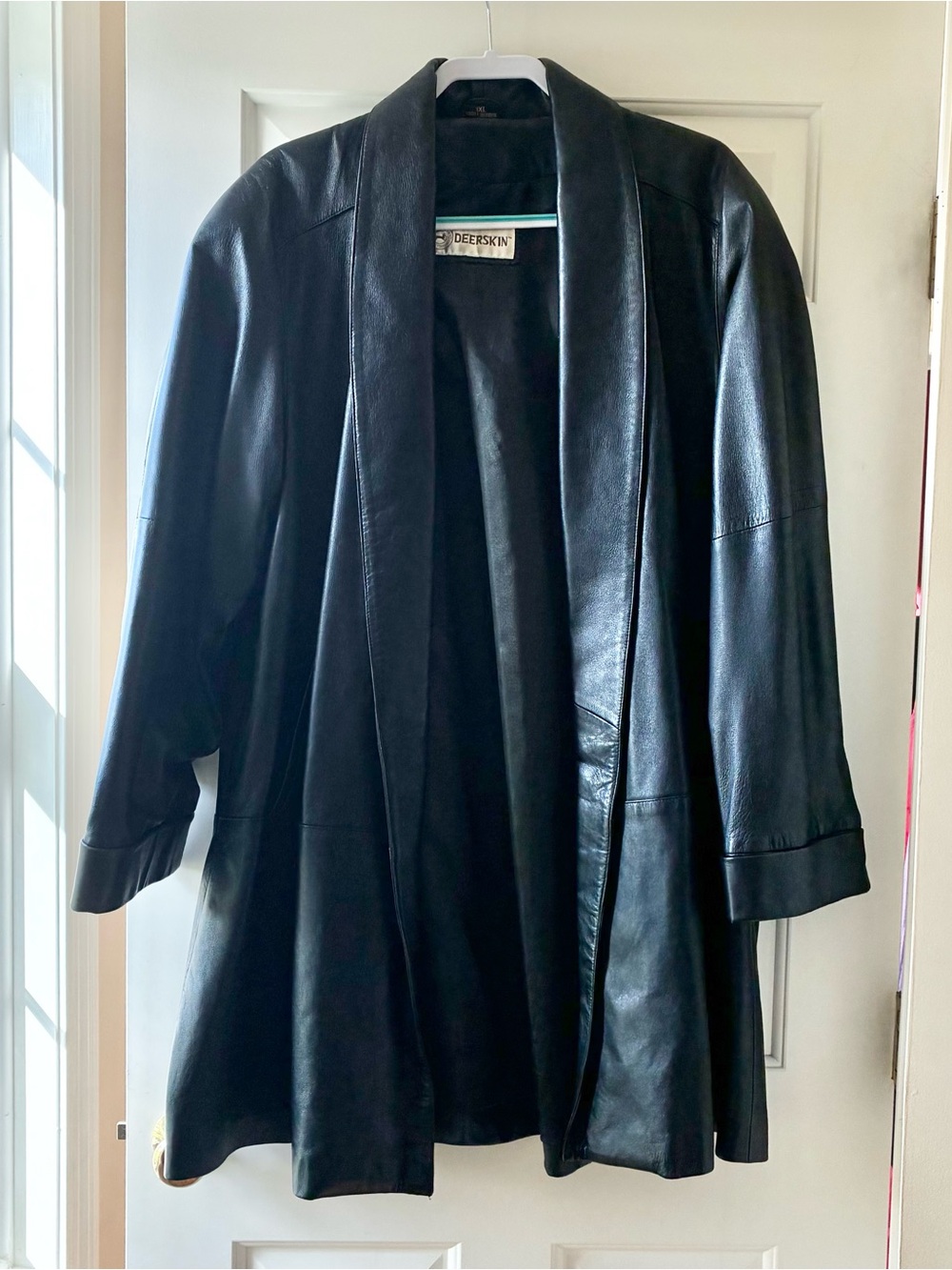 Deerskin Vintage Knee Length Soft Leather Coat Open Front Black Plus Size 1X